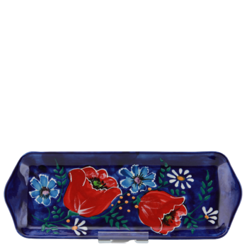 Aflangt fad i klare farver i spansk keramik fuld af blomster og flotte motiver farverigt