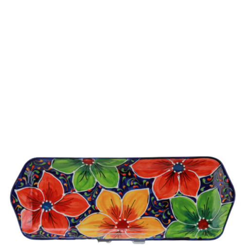 Aflangt fad i klare farver i spansk keramik fuld af blomster og flotte motiver farverigt