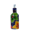 Olieflaske med skænkeprop. Vol. 325 ml. Blå bundfarve med orange, gule og grønne blomster. Ligner liljer. Spansk keramik. Farverig keramik.