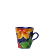 Konisk krus. Volumen 375 ml. Blå bundfarve med orange, gule og grønne blomster. Ligner liljer. Spansk keramik. Farverig keramik.