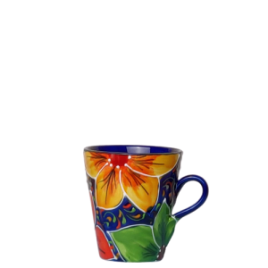 Konisk krus. Volumen 375 ml. Blå bundfarve med orange, gule og grønne blomster. Ligner liljer. Spansk keramik. Farverig keramik.