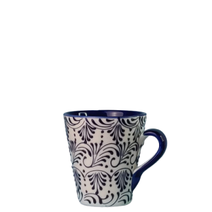 Konisk krus. Volumen 375 ml. Hvid bundfarve, blå glasurperler. Et ensartet og maskulint mønster. Spansk keramik. Farverig keramik.