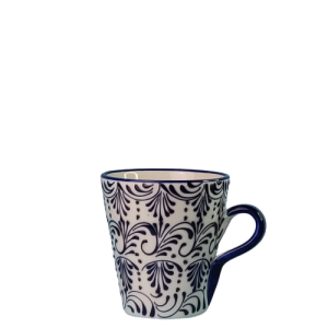 Konisk krus. Volumen 375 ml. Hvid bundfarve, blå glasurperler. Et ensartet og maskulint mønster. Spansk keramik. Farverig keramik.