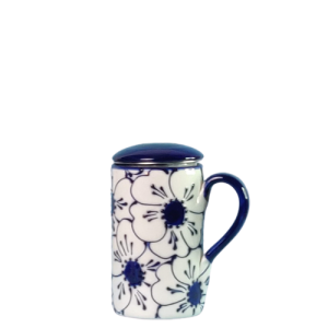 Krus med si og låg. Volumen 275 ml. Hvid bundfarve, blå glasur i store flotte sammenhængende blomster. Spansk keramik. Farverig keramik.