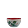 Skål. Ø = 13,5 cm. Vol. 500 ml. Honningfarvet bundfarve med bred mørkerød kant. Mistelten-motiv. Spansk keramik. Farverig keramik.