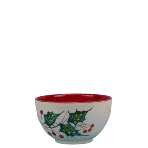 Skål. Ø = 13,5 cm. Vol. 500 ml. Honningfarvet bundfarve med bred mørkerød kant. Mistelten-motiv. Spansk keramik. Farverig keramik.