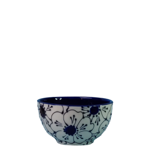 Skål. Ø = 13,5 cm. Vol. 500 ml. Hvid bundfarve, blå glasur i store flotte sammenhængende blomster. Spansk keramik. Farverig keramik.