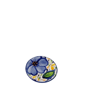 Glasbrik. Ø = 10,5 cm. Spansk keramik med store blå blomster, grønne blade og hvid bund. Spansk keramik. Farverig keramik.