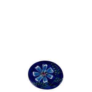 Glasbrik. Ø = 10,5 cm. Blå bund med valmuer, kornblomster og margeritter i motivet. Spansk keramik. Farverig keramik.