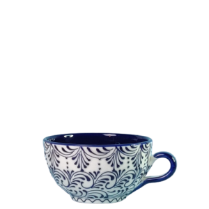 Suppekop. Volumen 500 ml. Hvid bundfarve, blå glasurperler. Et ensartet og maskulint mønster. Spansk keramik. Farverig keramik.