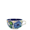 Suppekop. Volumen 500 ml. Spansk keramik med store blå blomster, grønne blade og hvid bund. Spansk keramik. Farverig keramik.