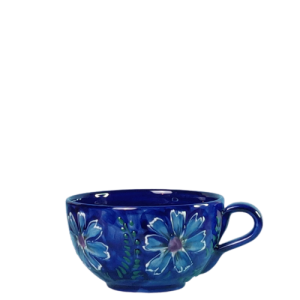 Suppekop. Volumen 500 ml. Blå bund med valmuer, kornblomster og margeritter i motivet. Spansk keramik. Farverig keramik.