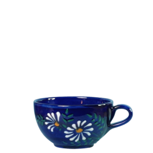 Suppekop. Volumen 500 ml. Blå bund med valmuer, kornblomster og margeritter i motivet. Spansk keramik. Farverig keramik.