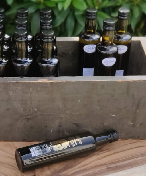 Kasse med Ekstra Jomfru Olivenolie i flasker. På træbord med grønne blade bag. Casa Jada