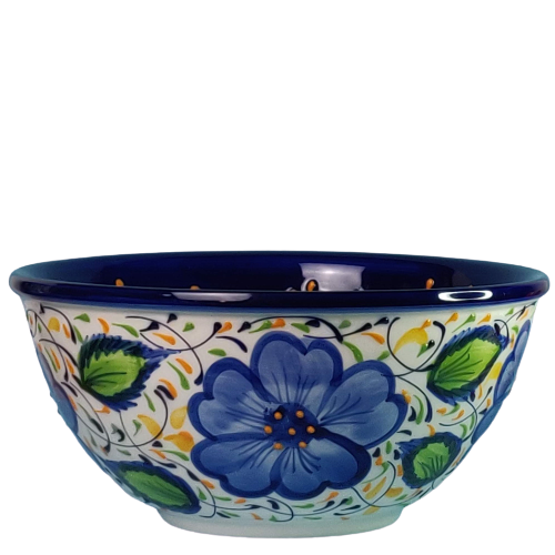 Skål Ø 26 cm i Almácharserien blå indvendig og dekoration med blå blomster og grønne blade udvendig spansk keramik
