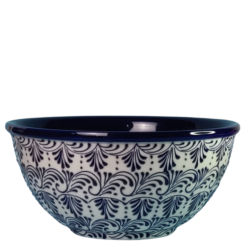 Skål Ø 26 cm i Malagaserien blå indvendig og dekoration udvendig i hvid og blå spansk keramik