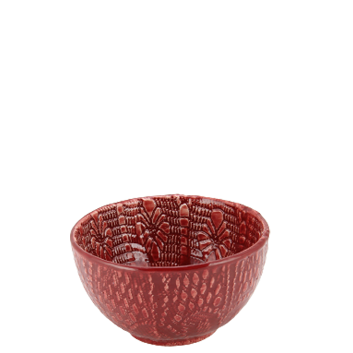 skål 13,5 cm i relief serien vinrød farve og nobret overflade lavet af mellemlægsservietter printet ind i leret spansk keramik i farverige farver