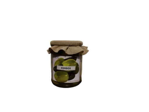Kimbos store Gordal oliven samlet med drueagurk i 420 g glas 200 g drænet vægt