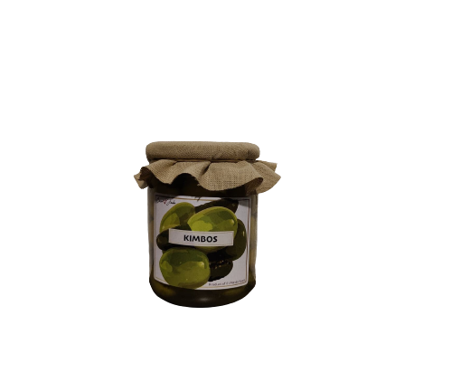 Kimbos store Gordal oliven samlet med drueagurk i 420 g glas 200 g drænet vægt