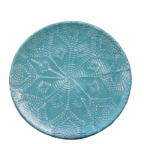 Middagstallerken i Relief-serien turkisblå håndmalet og håndlavet farverigt spansk keramik farveglæde til det skandinaviske look