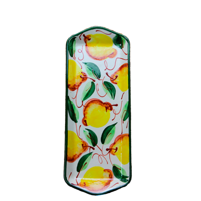 aflangt fad med dekoration af citroner. håndmalet keramik fra spanien. farverig keramik
