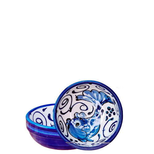 Skål 9,5 cm i diameter i håndlavet og håndmalet spansk keramik. farverig keramik